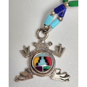 Navajo Handmade Frog Pendant 925 Sterling Silver Multicolor Inlay 16" Chain